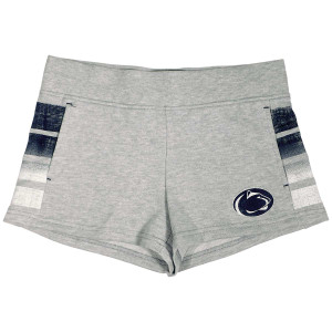 women's Oxford terry shorts with screened distressed stripes on sides and Penn State Athletic Logo on left thigh